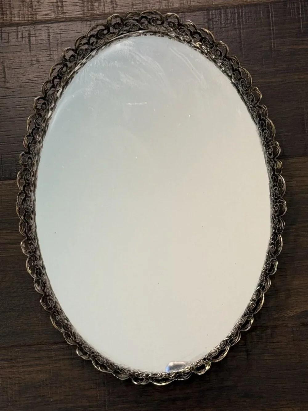 Vintage Oval Gold-tone Filigree Mirrored Vanity Tray Rose Boarder